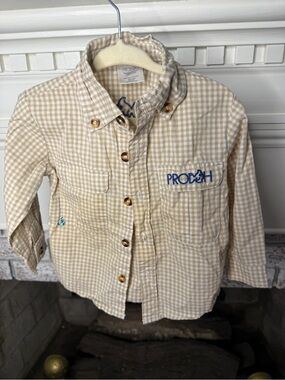 Prodoh Beige Gingham Button-Down Kids Shirt with Embroidered Logo
